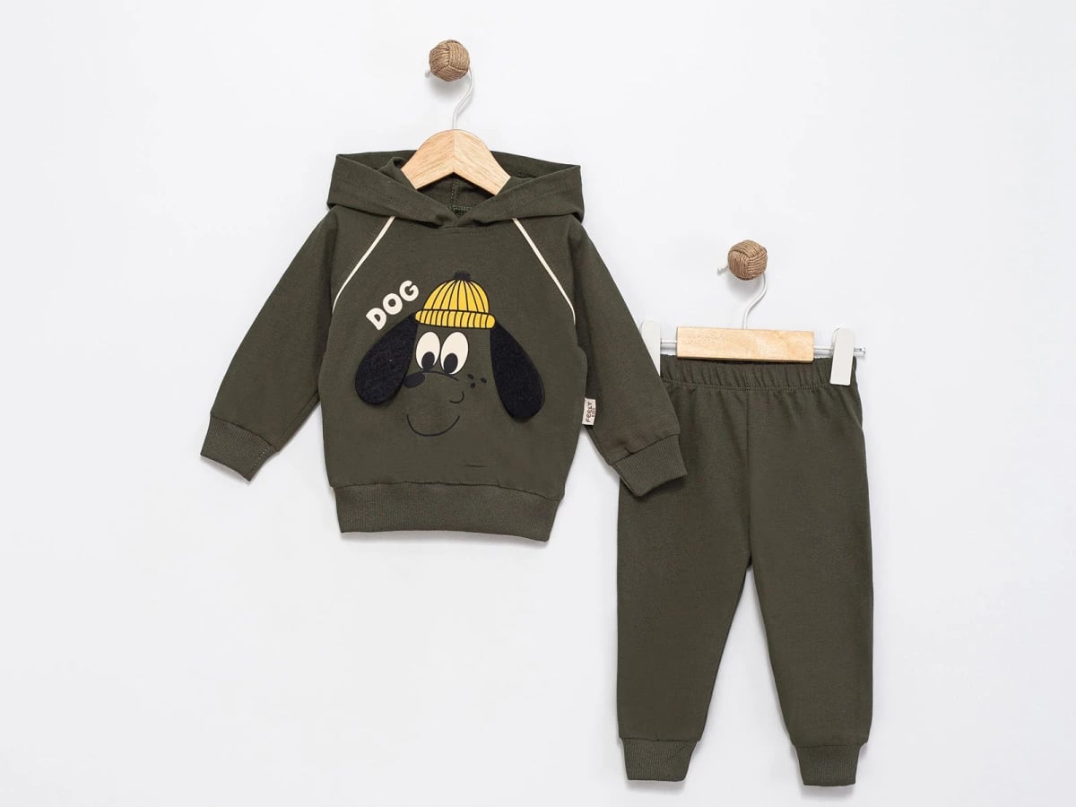 Dog Printed Baby Boys' Tracksuit Set - Olive Green - Feely Kids - by Peralane