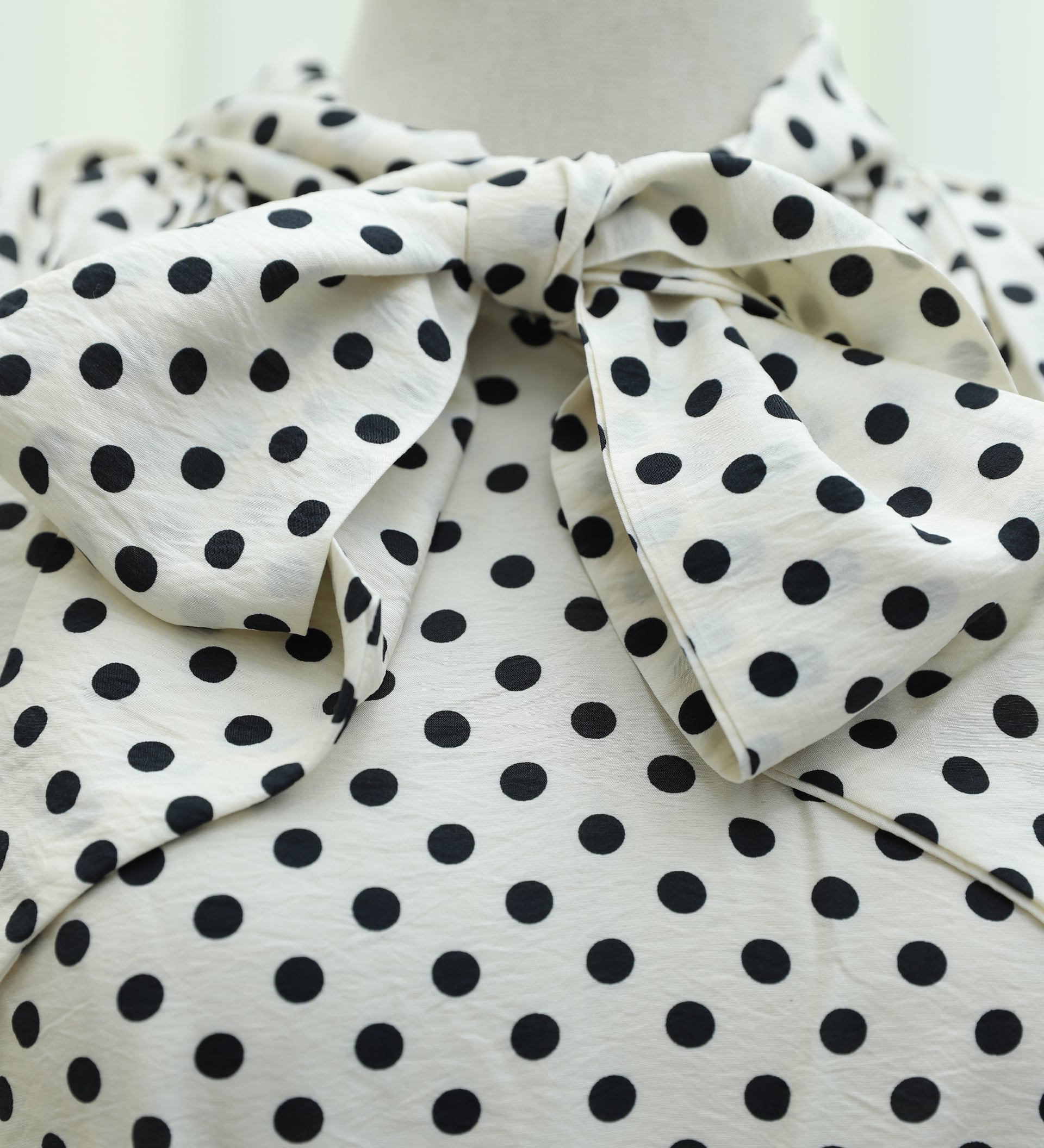 Cream Polka Dot Viscose Dress with Tie Collar and Belted Waist - Podyumplus - by Peralane - photo 9