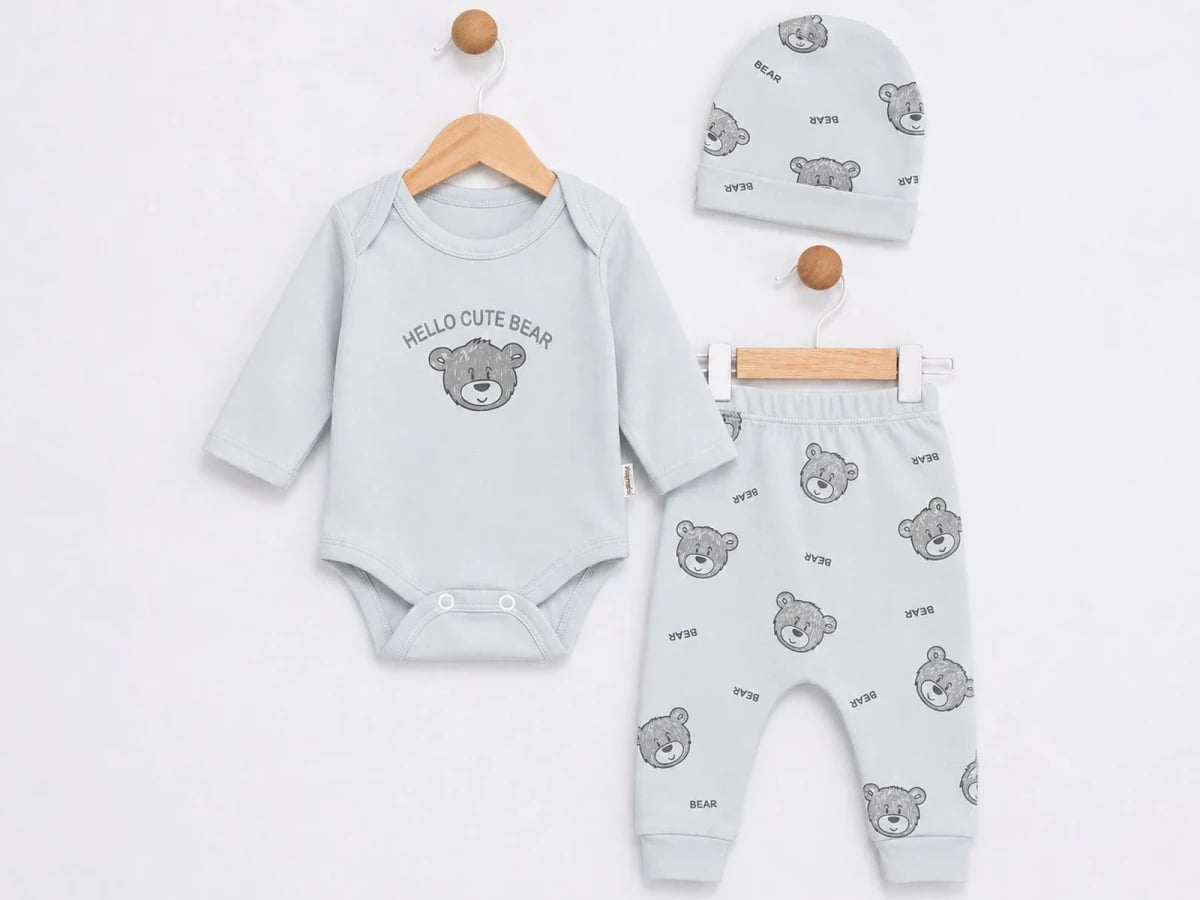 Baby Bear Print 3-Piece Set (Bodysuit, Pants, Hat) - Light Blue - Supermini - by Peralane
