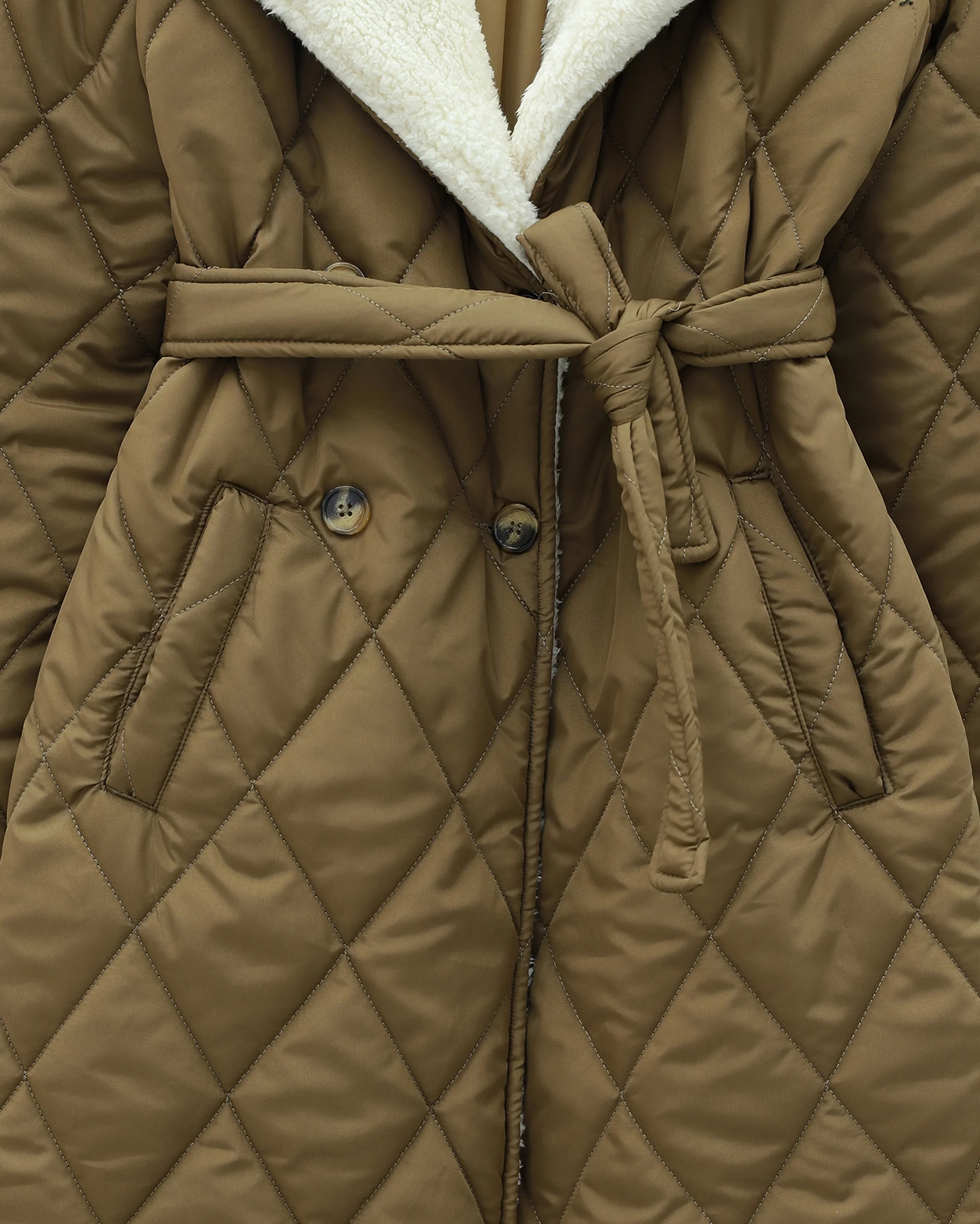 Quilted Coat with Faux Fur Collar and Lining - Tan - Podyumplus - by Peralane - photo 5