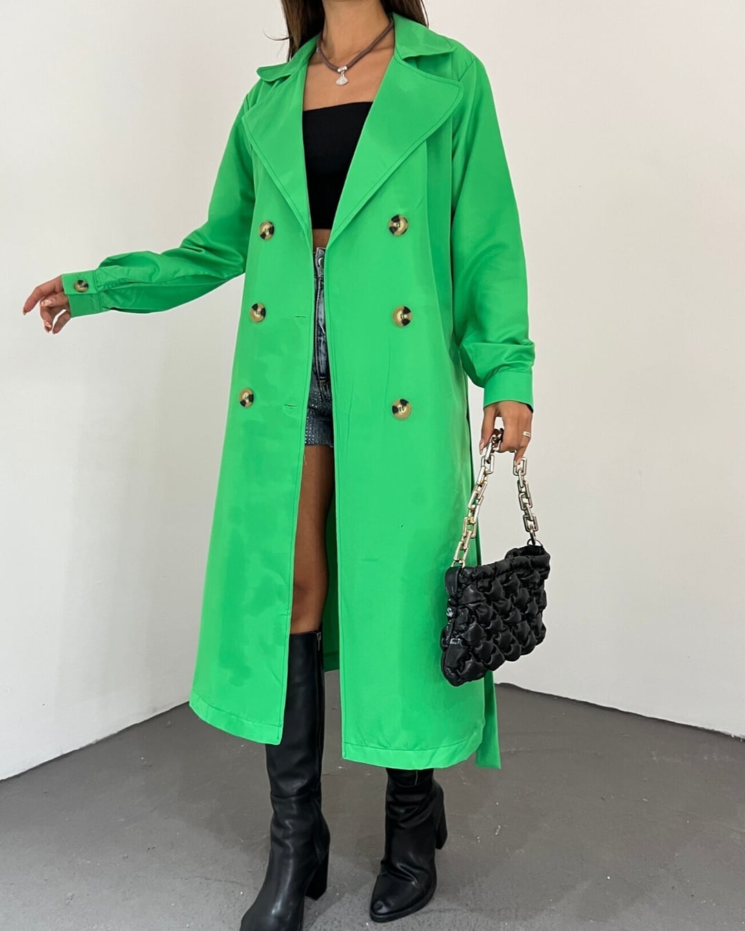 Women's Double-Breasted Belted Long Trench Coat in Green - Podyumplus - by Peralane - photo 2