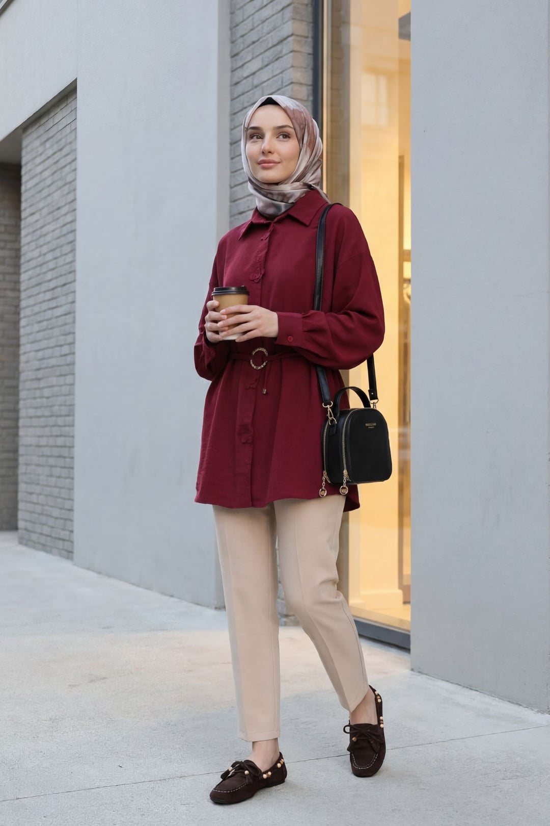 Floral Button Belted Modal Tunic - Burgundy - Podyumplus - by Peralane - photo 2