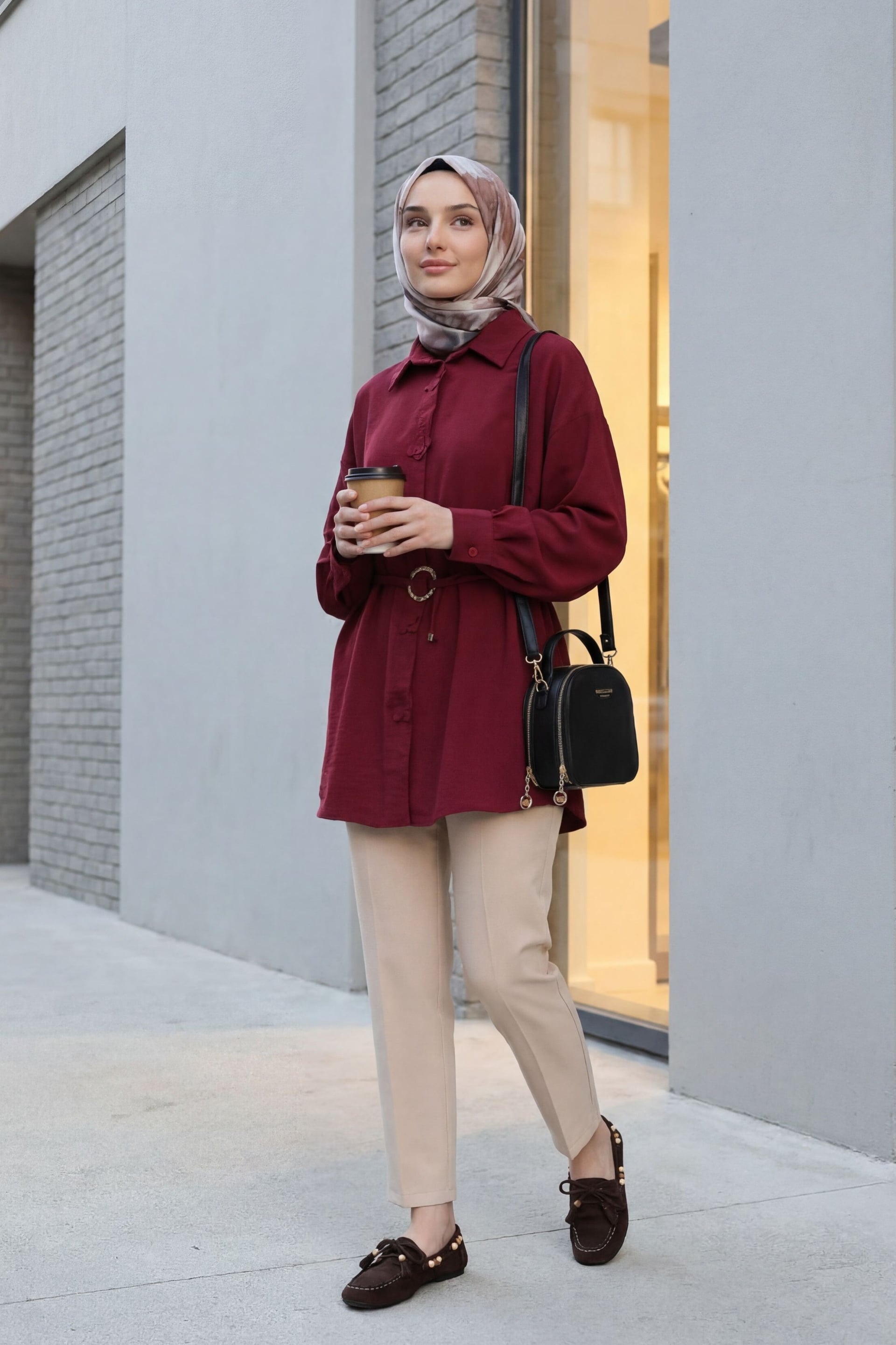 Floral Button Belted Modal Tunic - Burgundy - Podyumplus - by Peralane - photo 2