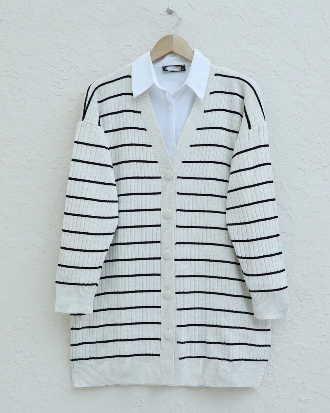 Striped Button-Front Knit Cardigan - Stone - Podyumplus - by Peralane - photo 4