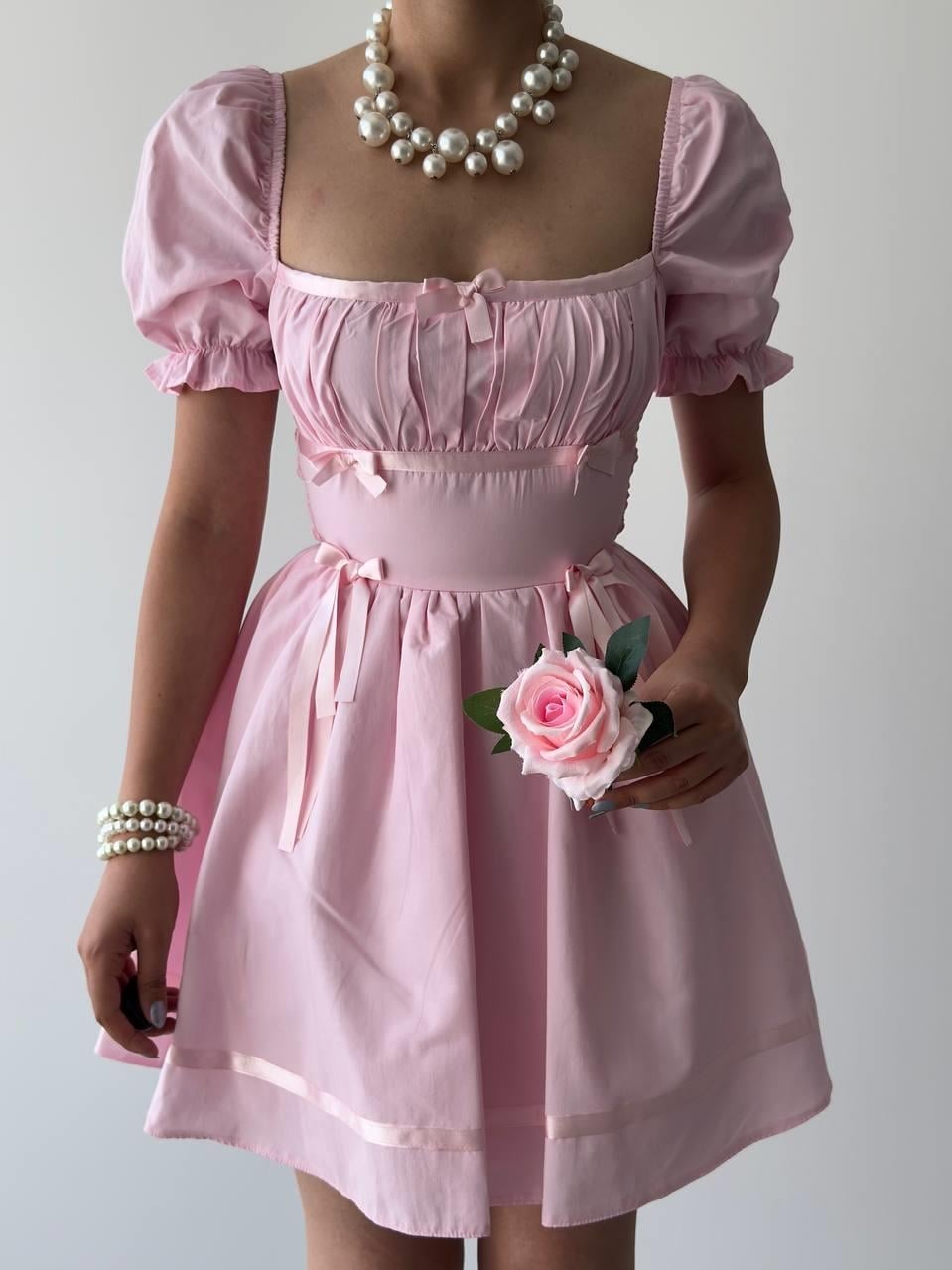 Pink Short-Sleeved Poplin Dress with Ribbon Belt - Etika - by Peralane - photo 2