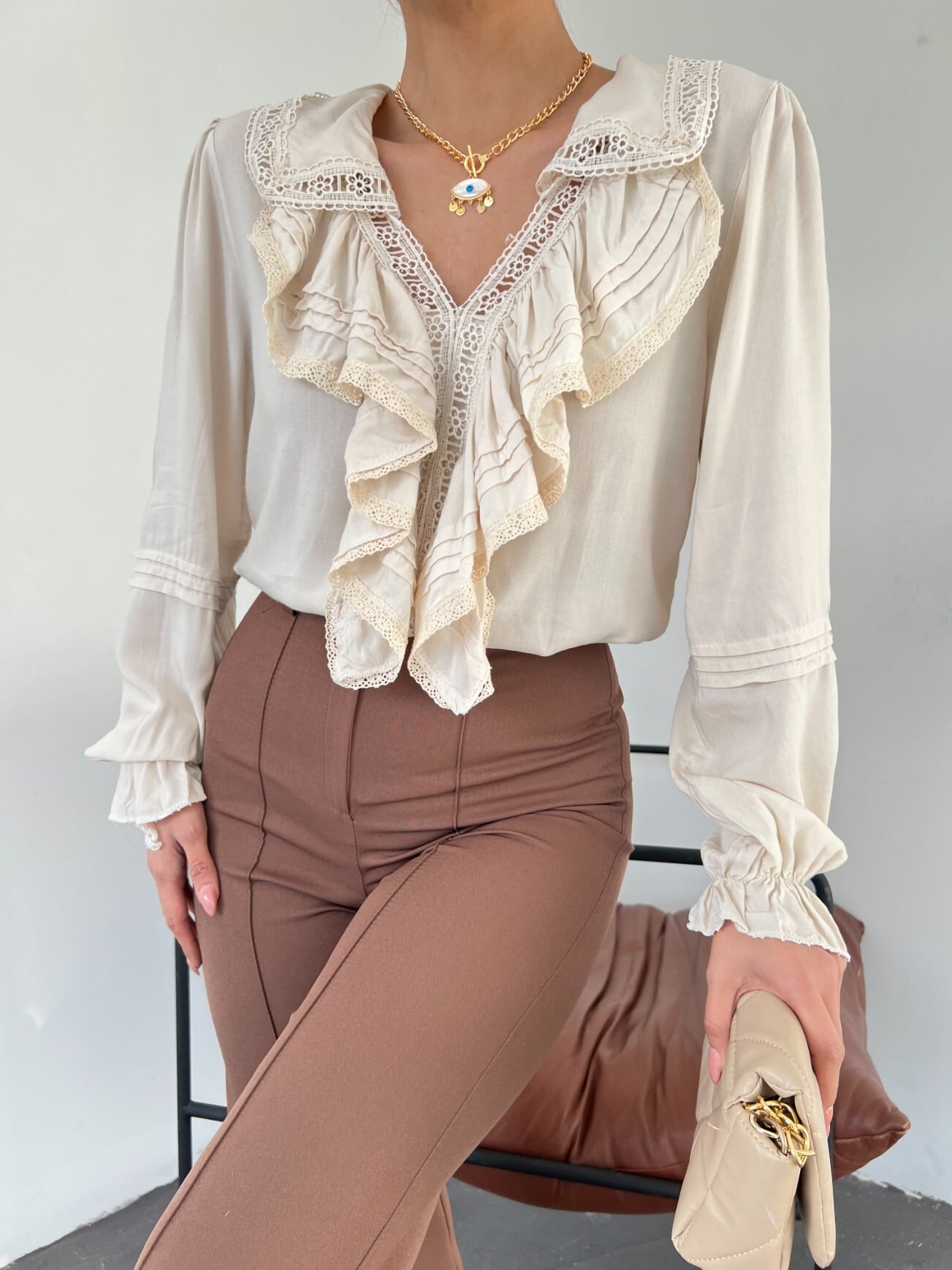 Beige Ruffled V-Neck Blouse - Podyumplus - by Peralane - photo 8