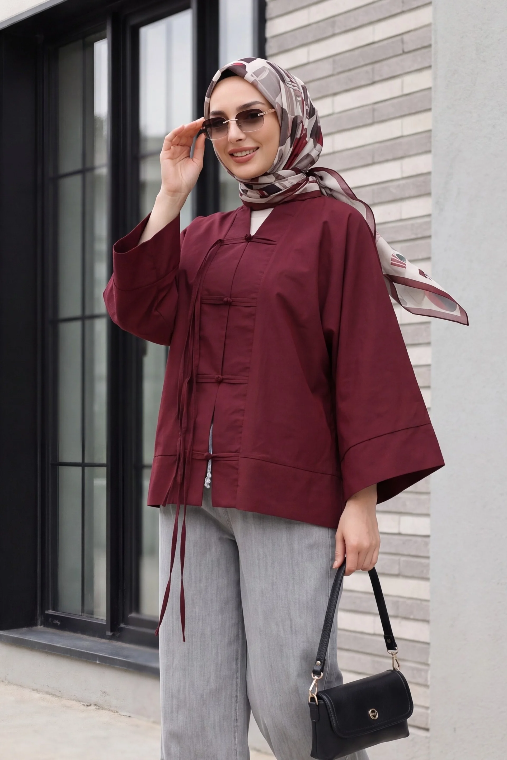 Chinese Knot Closure Mandarin Collar Parachute Kimono - Wine - Podyumplus - by Peralane - photo 8