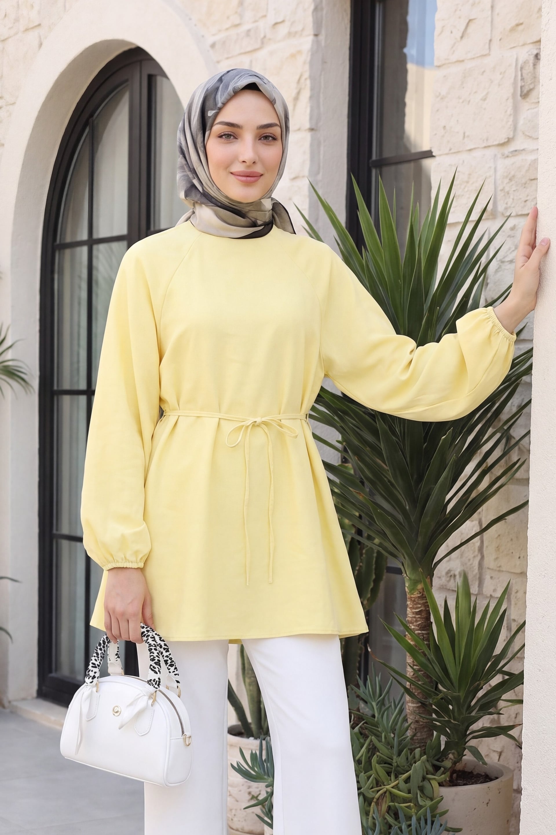 Round Neck Tie Waist Balloon Sleeve Tunic - Pale Yellow - Podyumplus - by Peralane