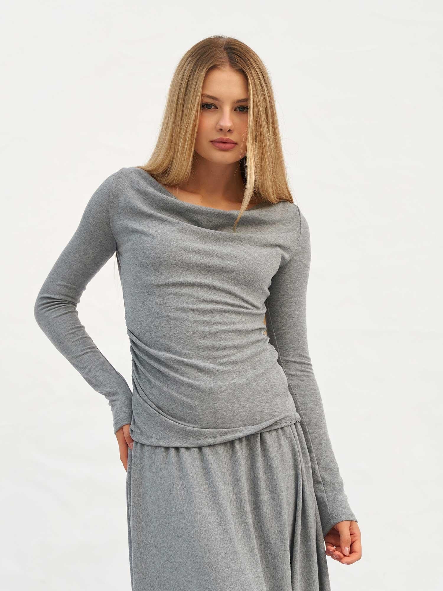 Draped Cowl Neck Top and Asymmetrical Skirt Set in Grey - Lefon - by Peralane - photo 4