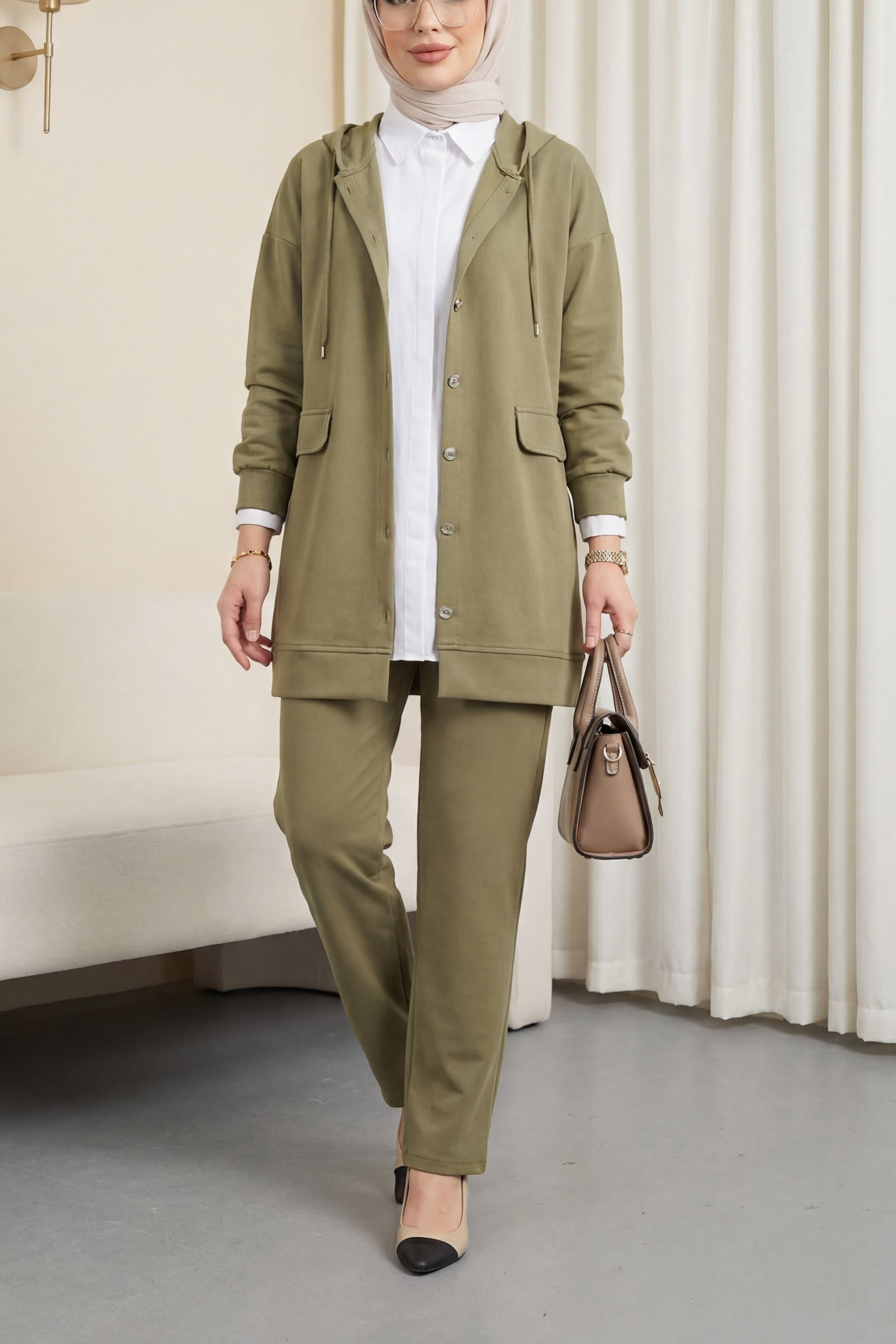 Hooded Zip-Up Tracksuit with Flap Pockets and Trousers - Olive Green - Podyumplus - by Peralane