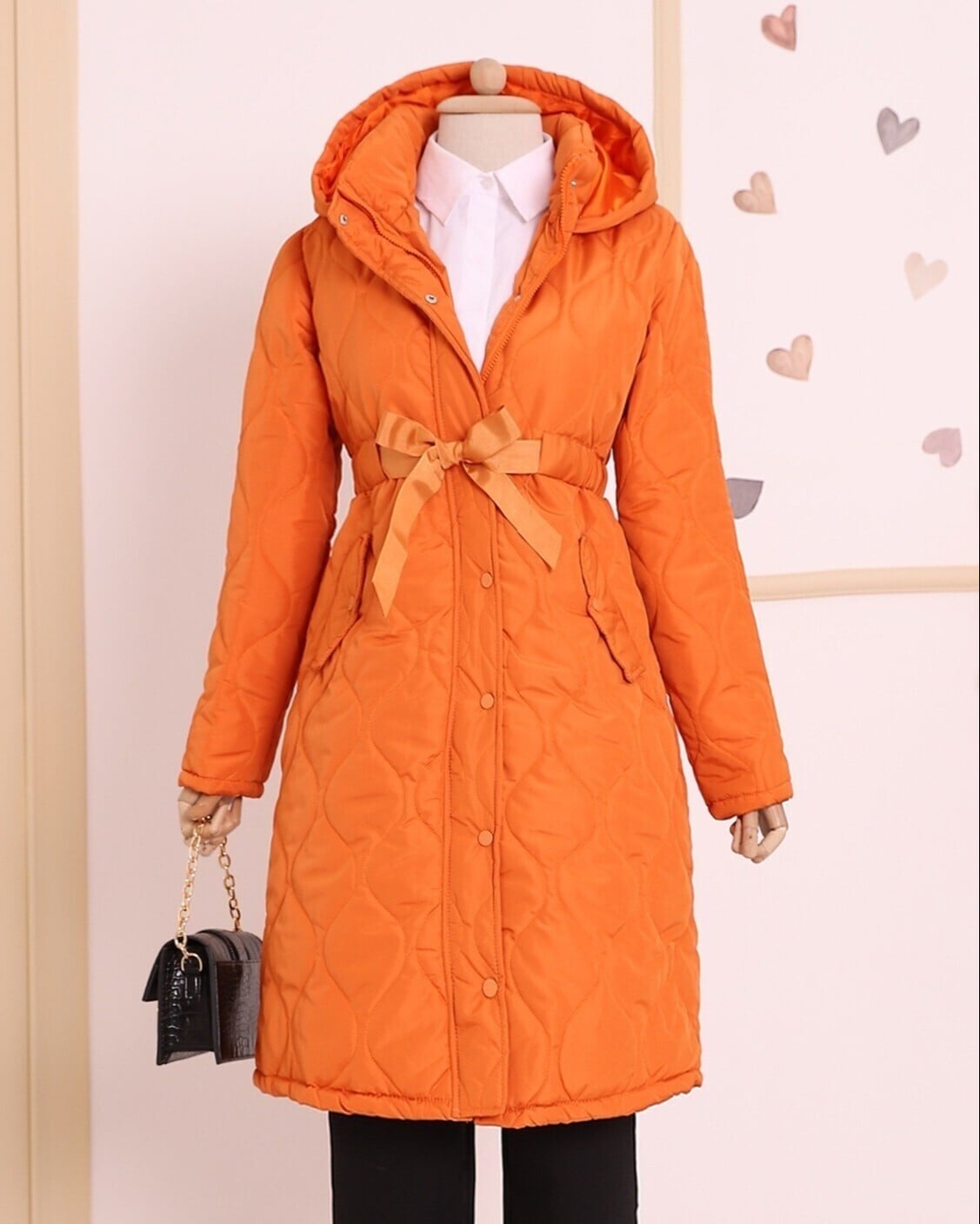 Women's Quilted Hooded Coat with Belt and Pockets - Orange - Podyumplus - by Peralane - photo 4