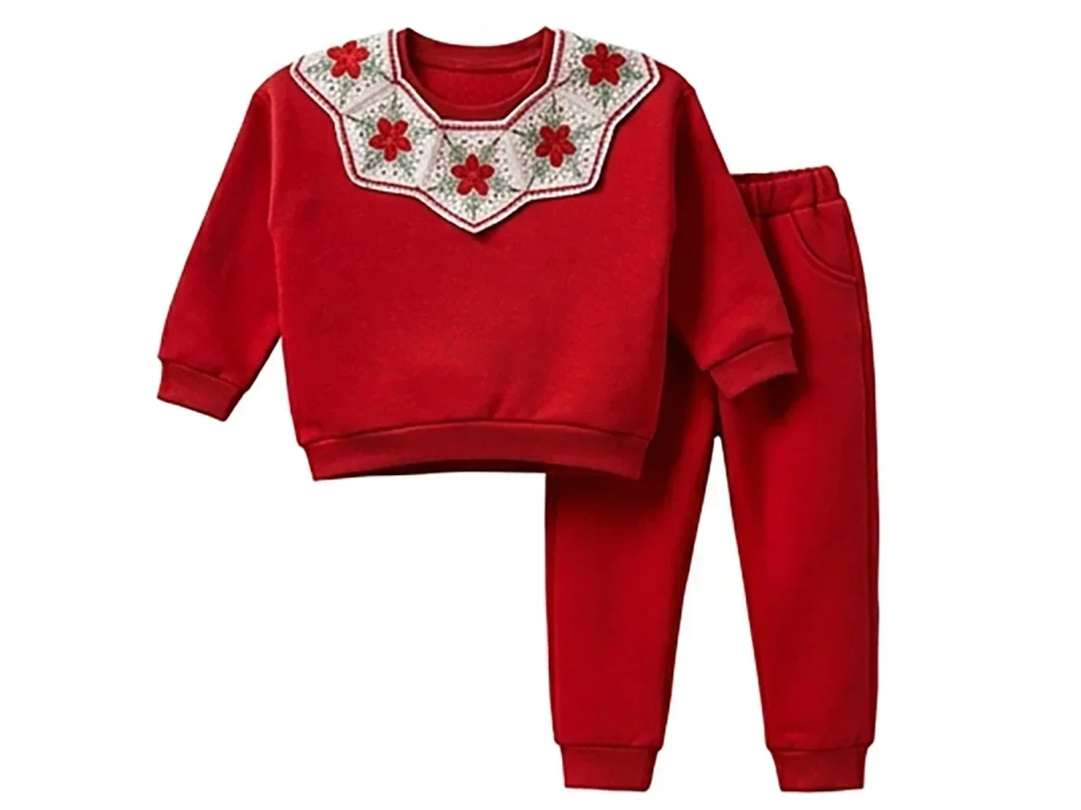 Girls' Red Sweatshirt and Trousers Set with Embroidered Collar - Vovido - by Peralane