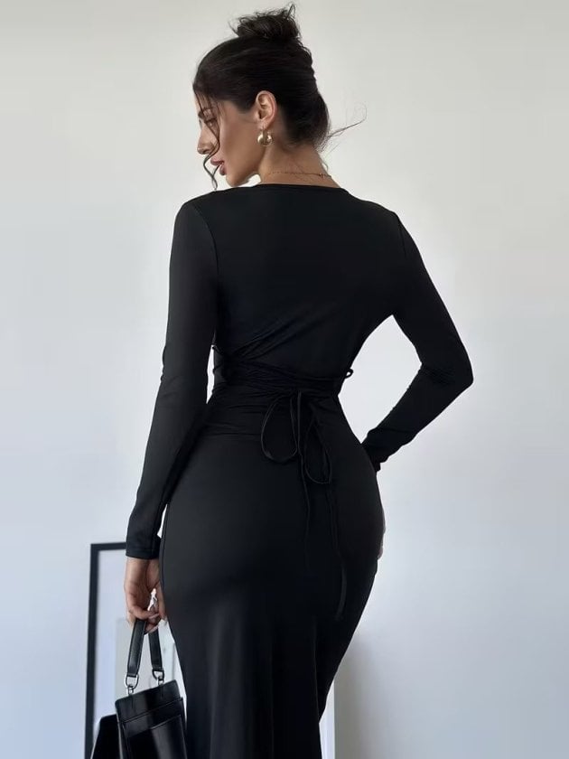 Women's Long Sleeve Deep Neckline Waist Tie Maxi Dress - Janes - by Peralane - photo 8