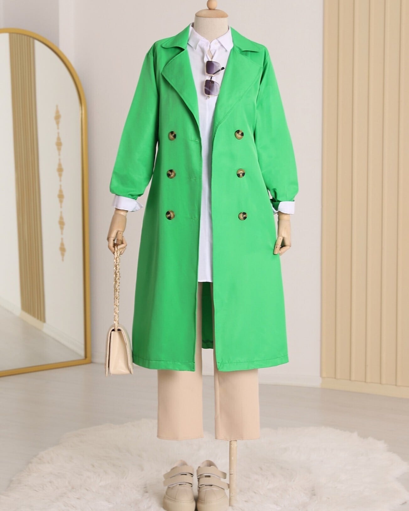 Women's Double-Breasted Belted Long Trench Coat in Green - Podyumplus - by Peralane