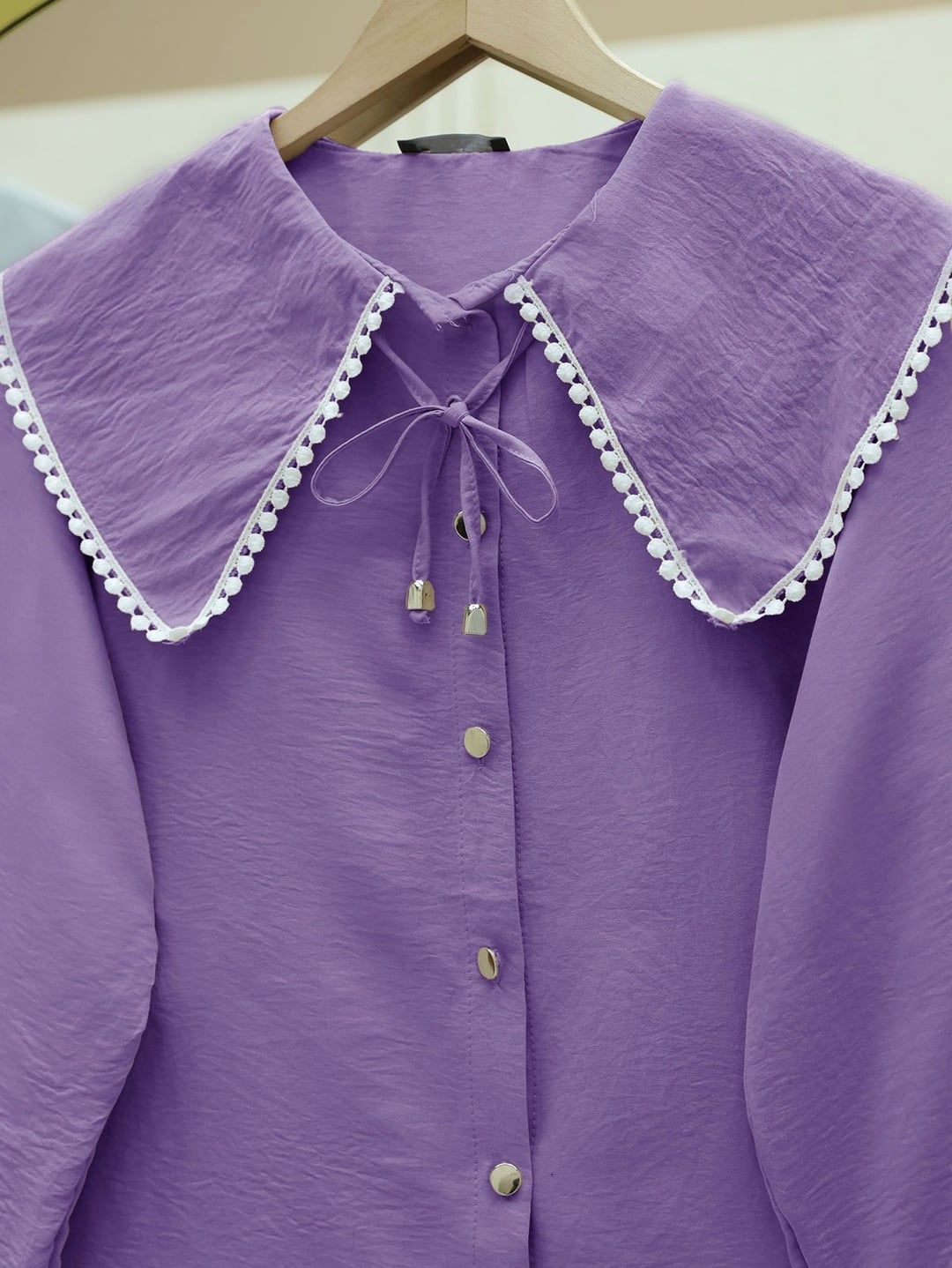 Lace Peter Pan Collar Long-Sleeve Blouse - Lilac - Podyumplus - by Peralane - photo 8
