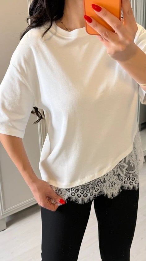 White Lace Trim Viscose T-Shirt for Women - Janes - by Peralane - photo 5