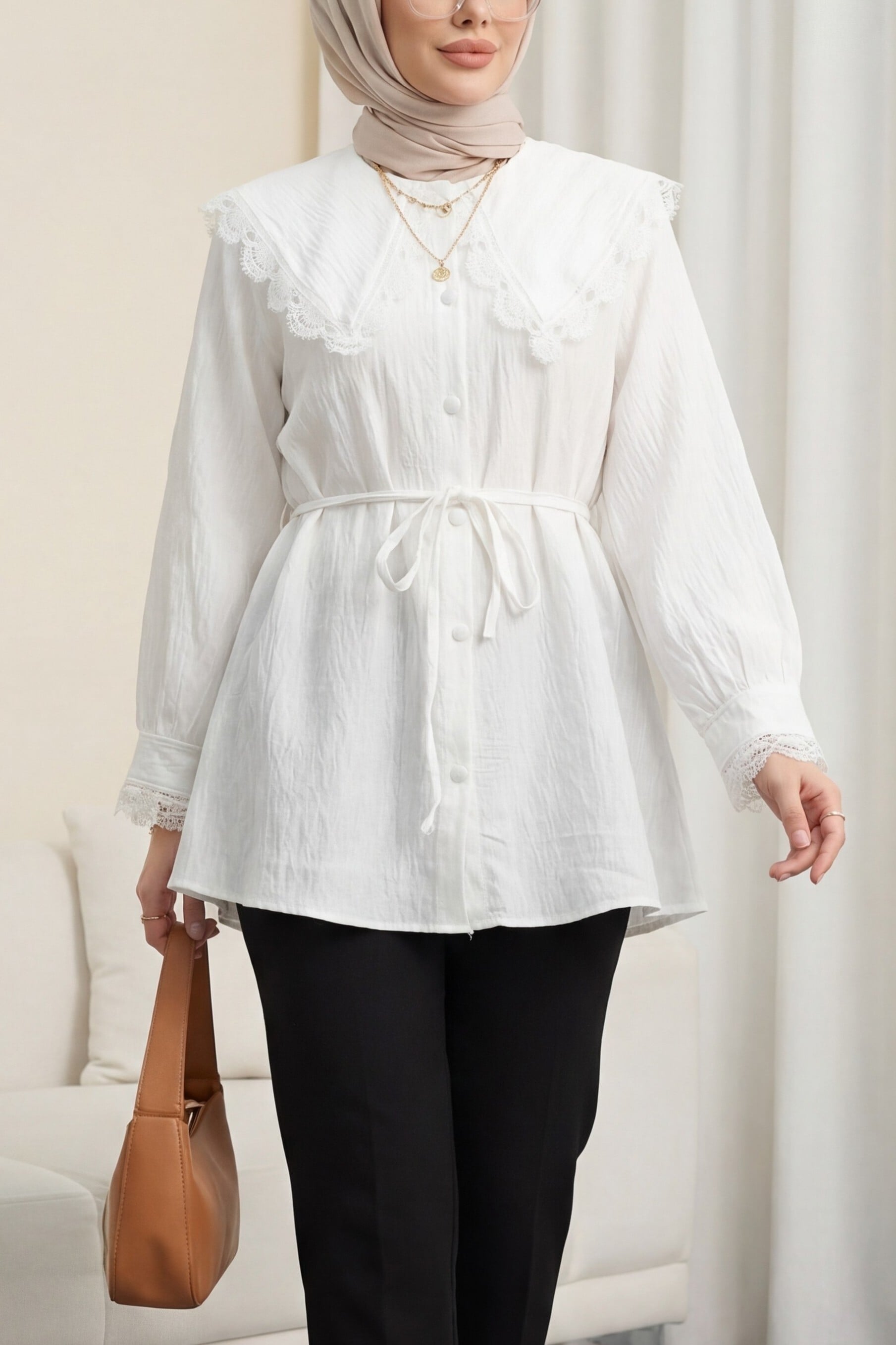 Baby Collar Lace-Trimmed Tie-Waist Modal Tunic - Ecru - Podyumplus - by Peralane