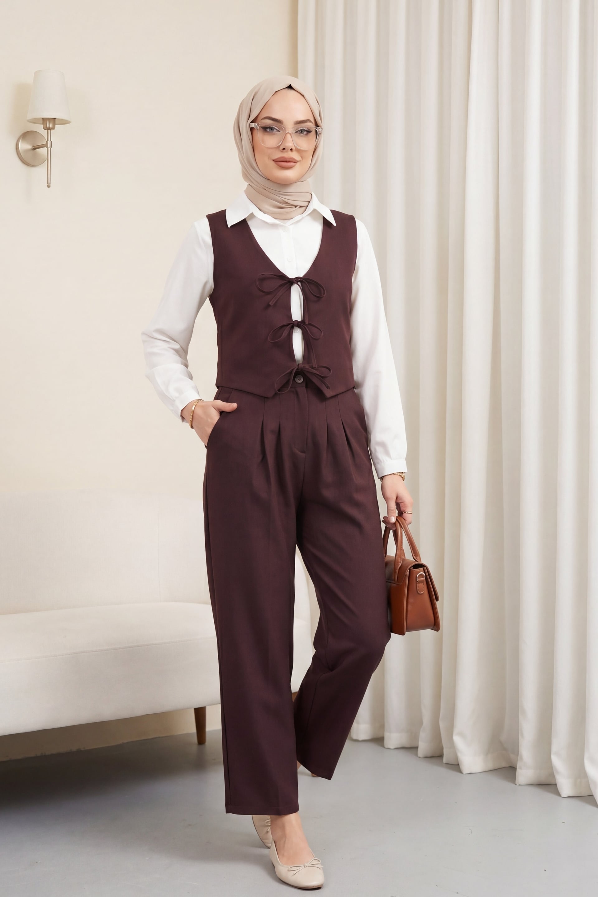 Front Tie Vest and Trousers Two-Piece Co-ord Set - Burgundy - Podyumplus - by Peralane - photo 4
