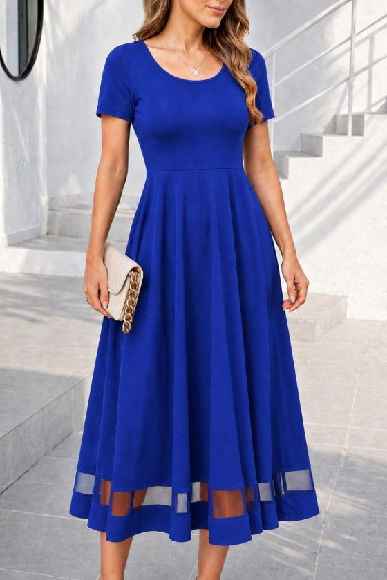 Women's Short-Sleeved Round Neck Midi Dress with Tulle Detail - Janes - by Peralane