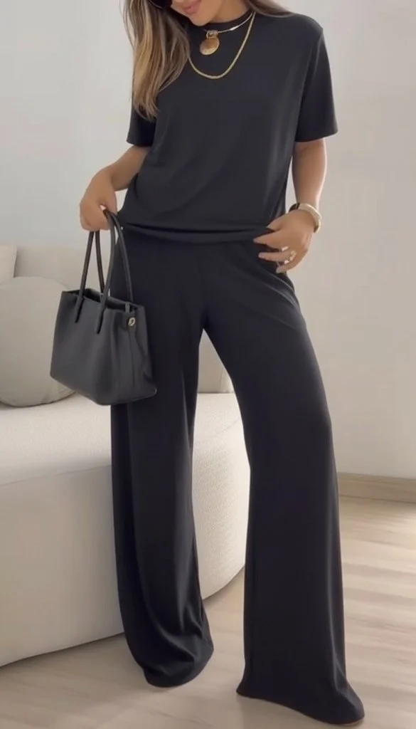 Women's Black Short Sleeve Round Neck Viscose Two-Piece Set with Blouse and Wide-Leg Trousers - Janes - by Peralane - photo 2