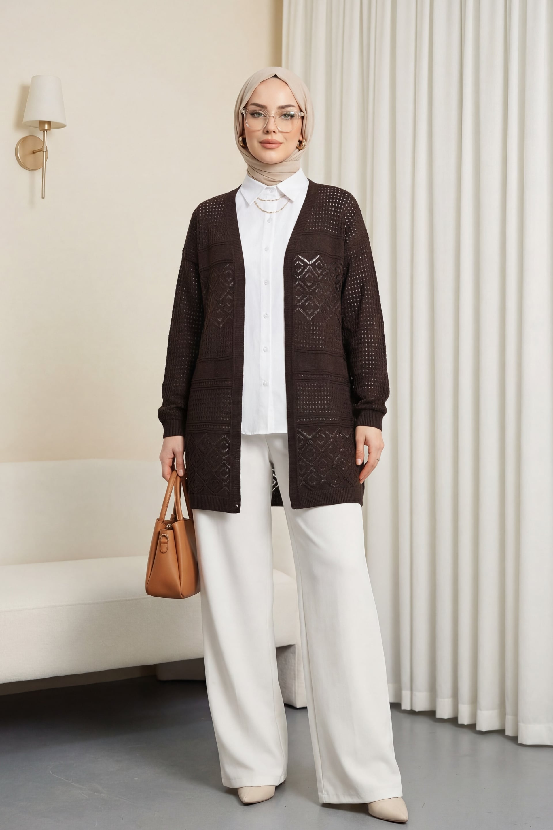 Open-Front Textured Knit Cardigan in Dark Brown - Podyumplus - by Peralane - photo 2