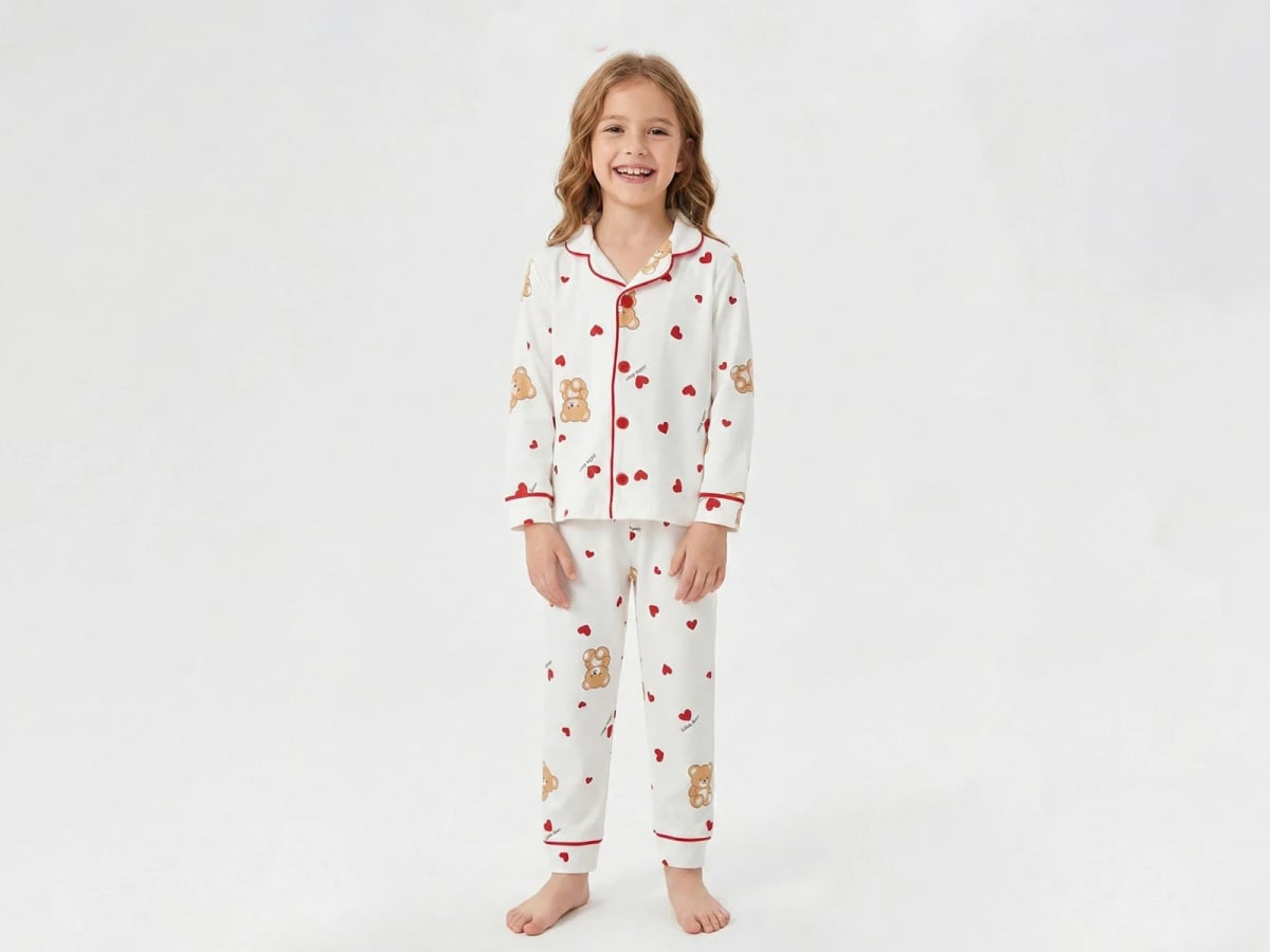 Teddy Bear Print Collared Button-Up Girls' Pyjama Set - Dolas - by Peralane