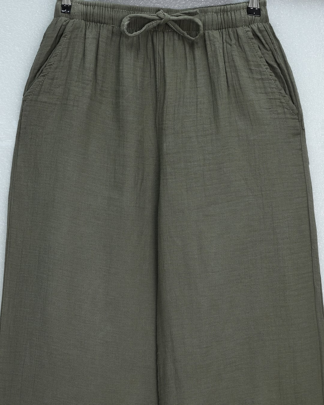 Elasticated Drawstring Wide-Leg Muslin Trousers - Olive Green - Podyumplus - by Peralane - photo 5