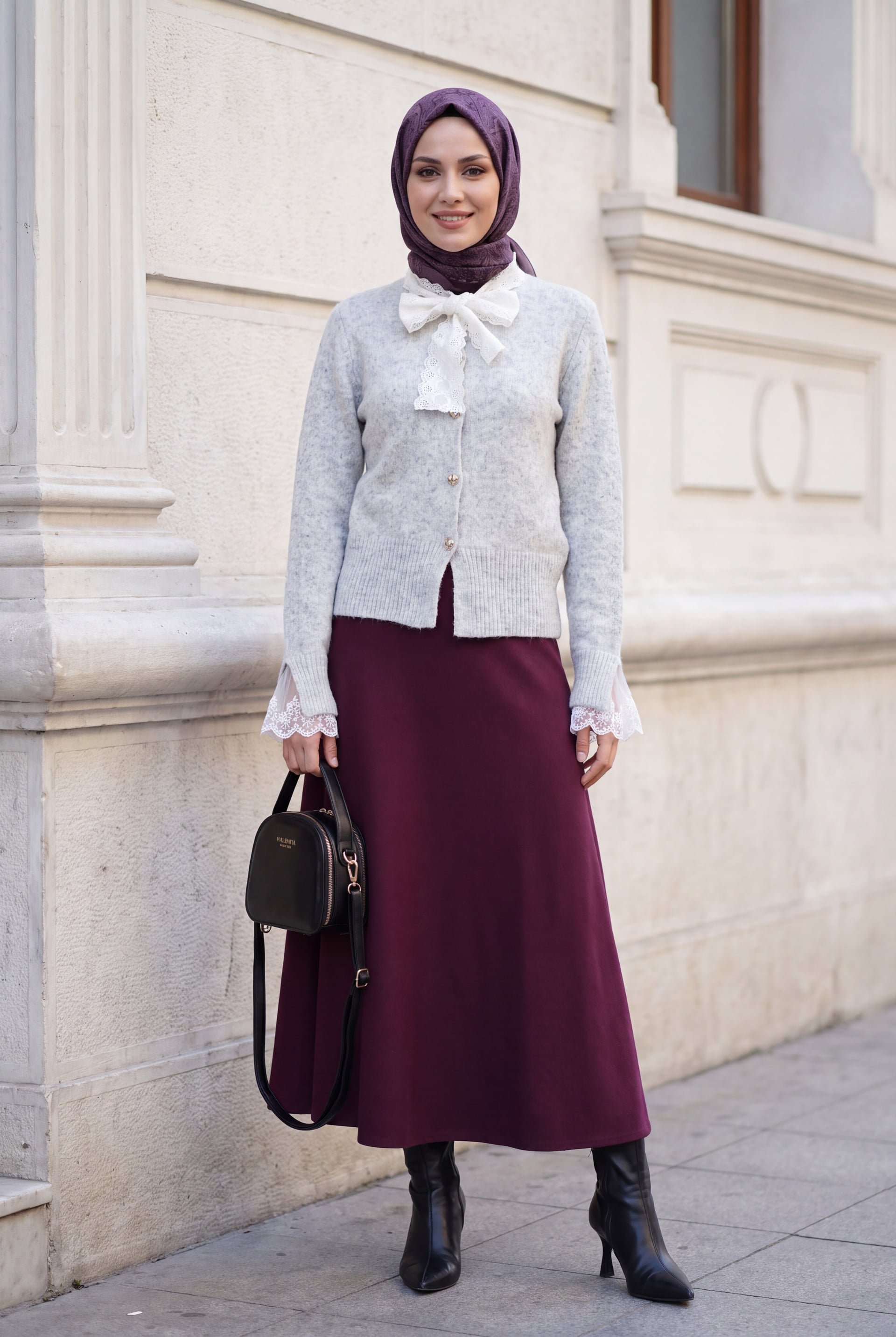 Light Grey Marled Knit Cardigan with Scarf Tie Neck and Lace Details - Podyumplus - by Peralane - photo 4