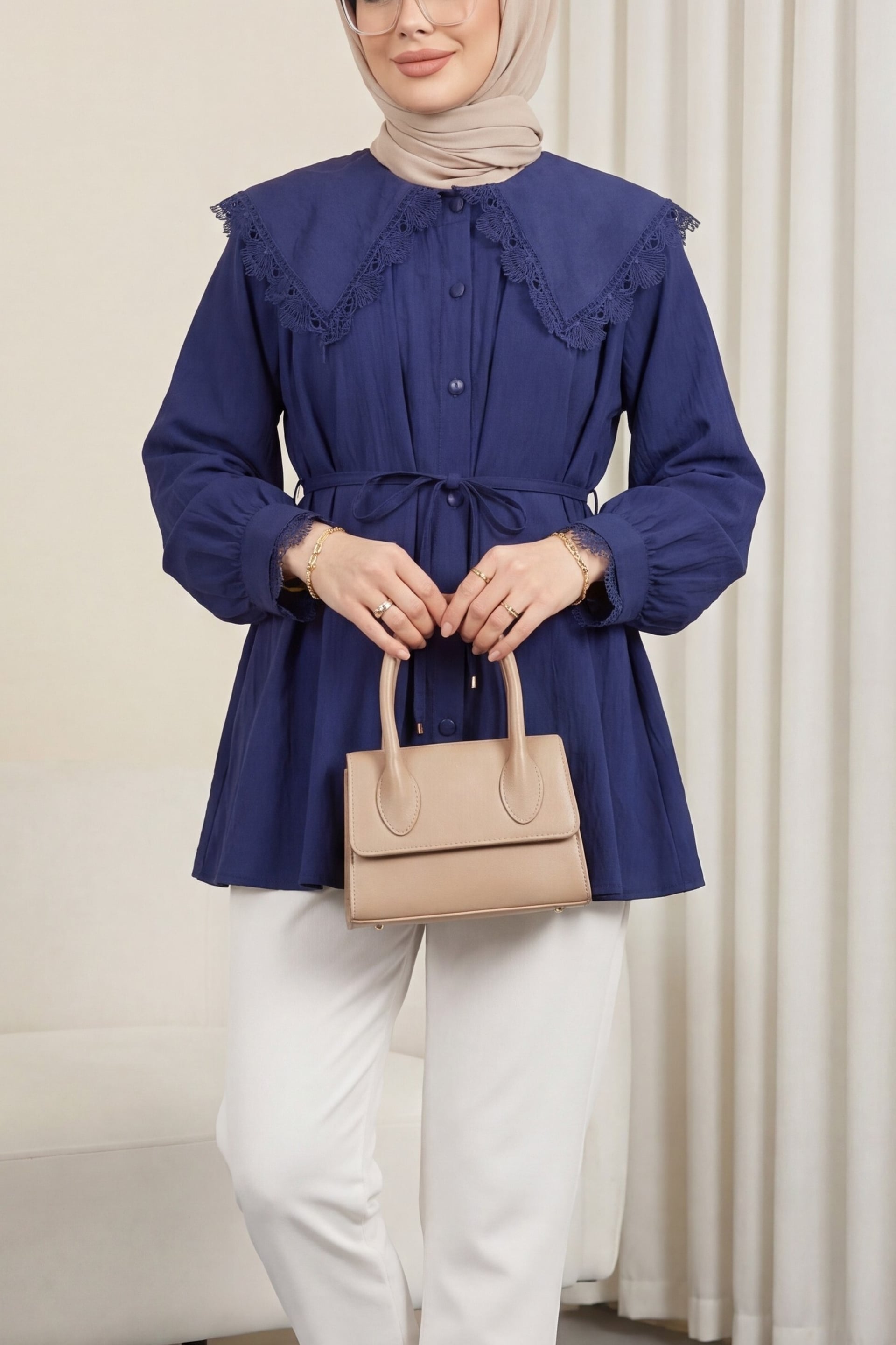 Baby Collar Scalloped Tie Waist Modal Tunic - Navy - Podyumplus - by Peralane