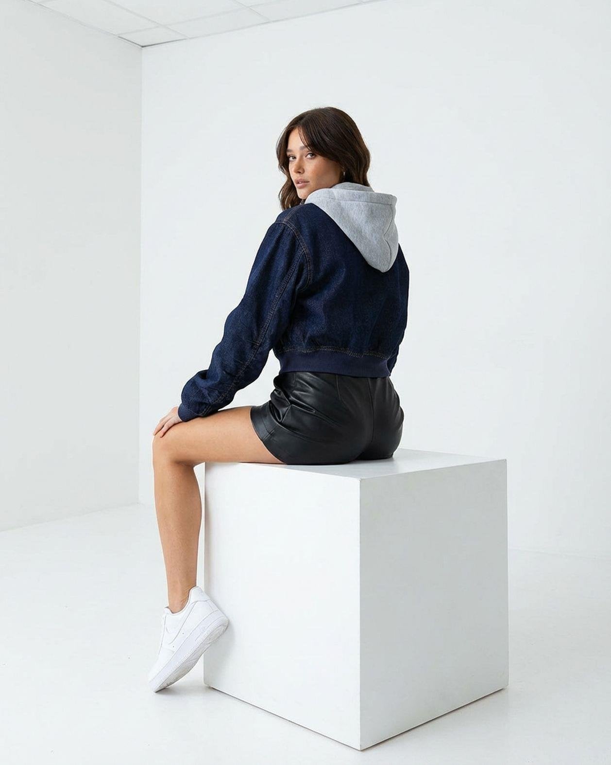 Women's Cotton Denim Jacket with Hooded Lining - Dark Navy - Fame - by Peralane - photo 3