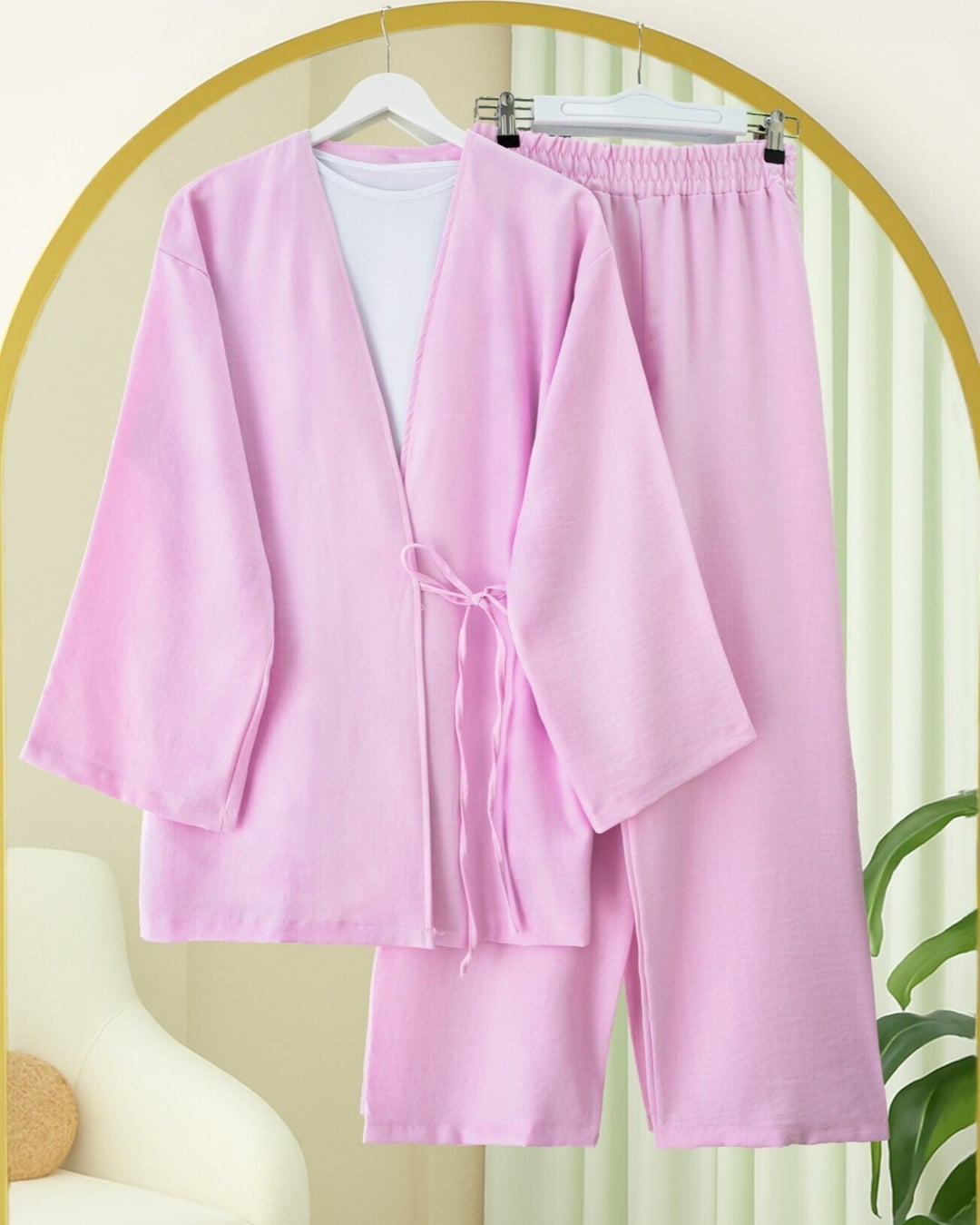 Pink Kimono and Wide-Leg Trousers Two-Piece Set - Podyumplus - by Peralane - photo 5