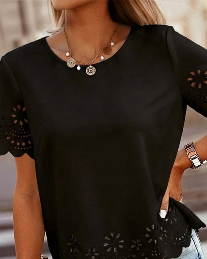 Women's Short-Sleeved Round Neck Blouse with Laser-Cut Floral Details - Janes - by Peralane - photo 4