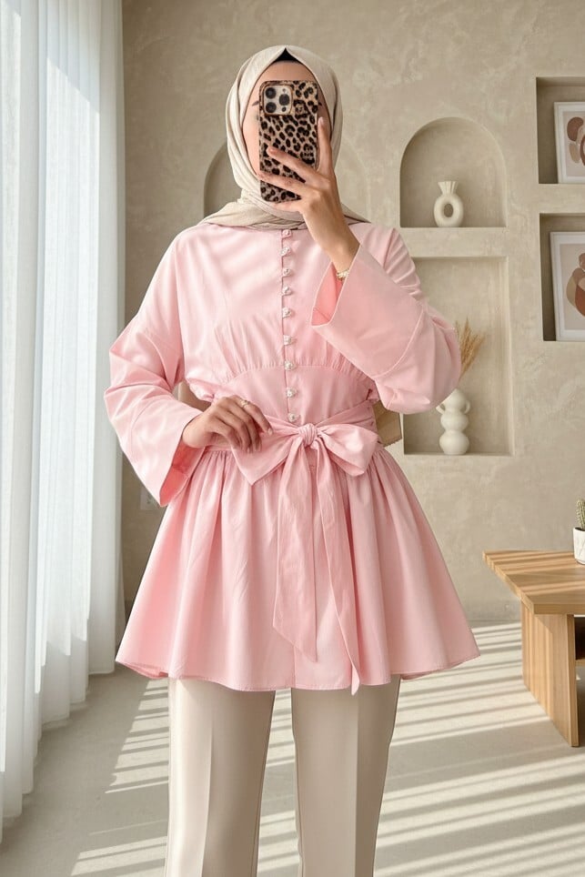 Pink Long-Sleeve Tie-Waist Stone-Button Tunic - Podyumplus - by Peralane