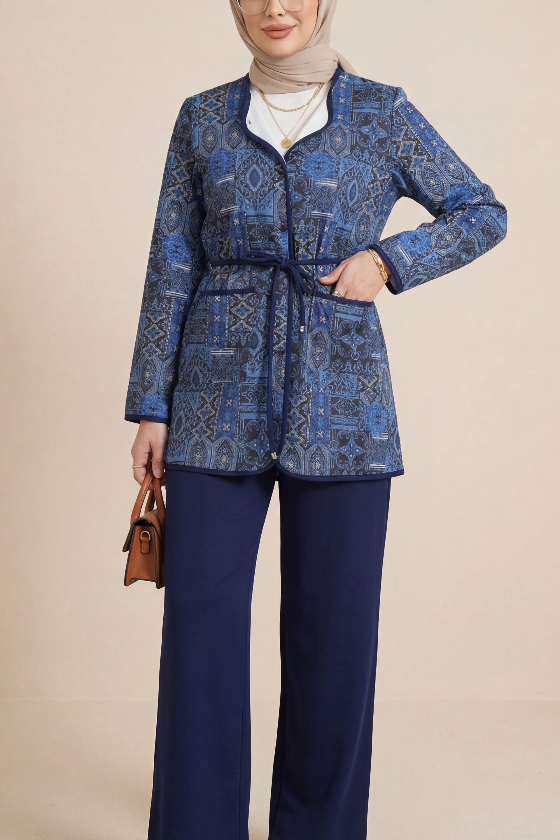 Tie-Waist Double-Pocket Patterned Scuba Suit - Navy - Podyumplus - by Peralane - photo 2