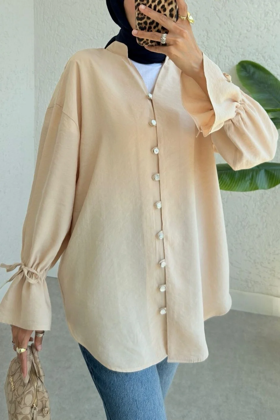 Beige Long Back Buttoned Tunic with Tie Cuffs - Podyumplus - by Peralane - photo 2