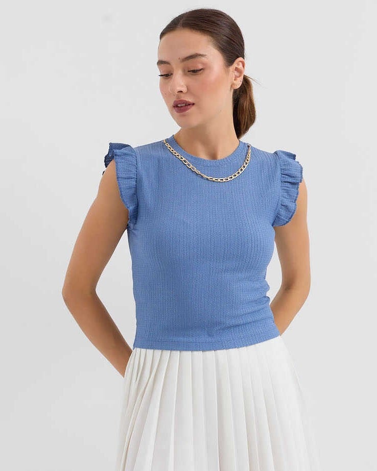 Ribbed Knit Blouse with Ruffled Sleeves - Indigo - Wholeskop - by Peralane - photo 2