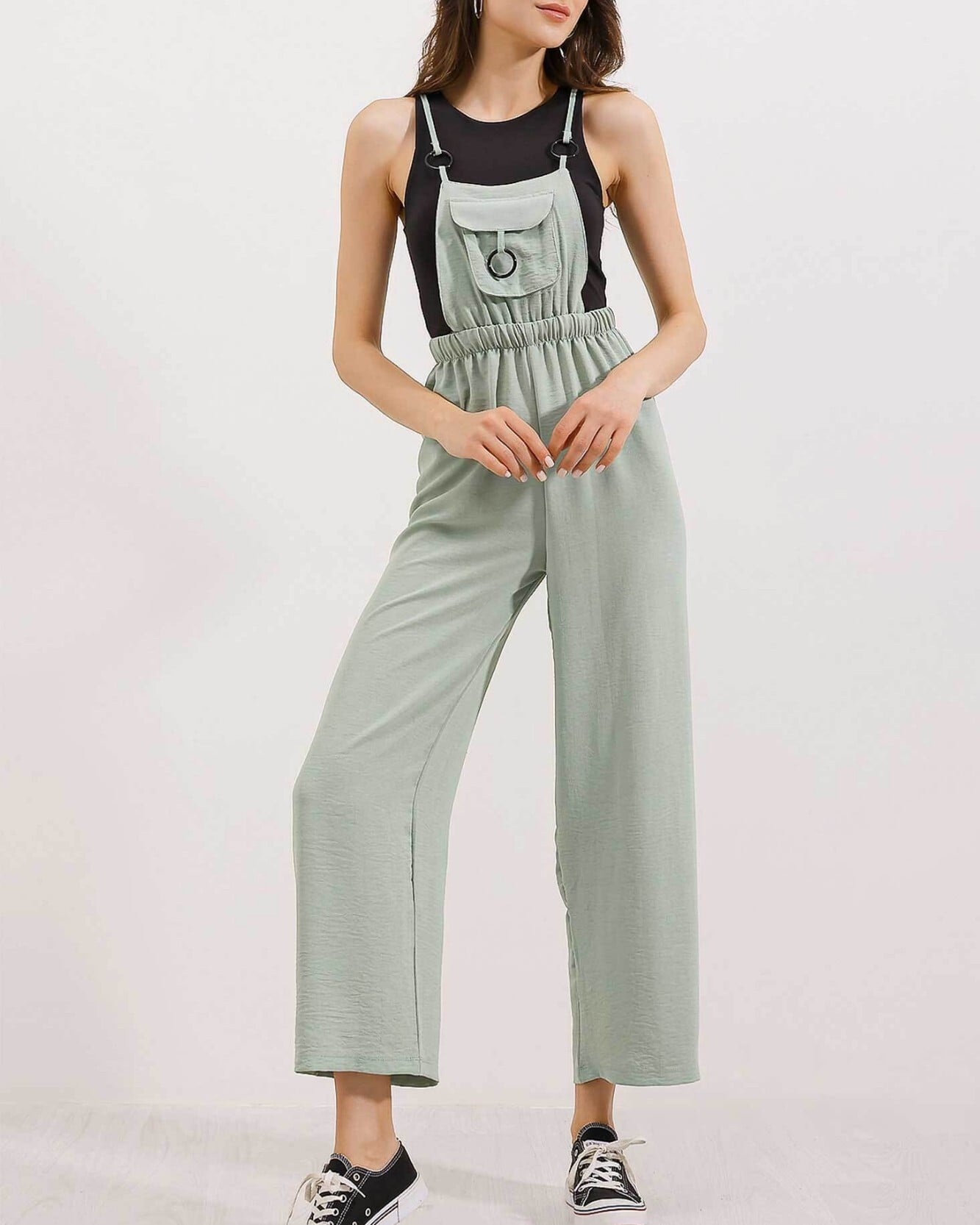 Adjustable Strap Knit Overalls with Metal Ring Details - Light Green - Bigdart - by Peralane - photo 2
