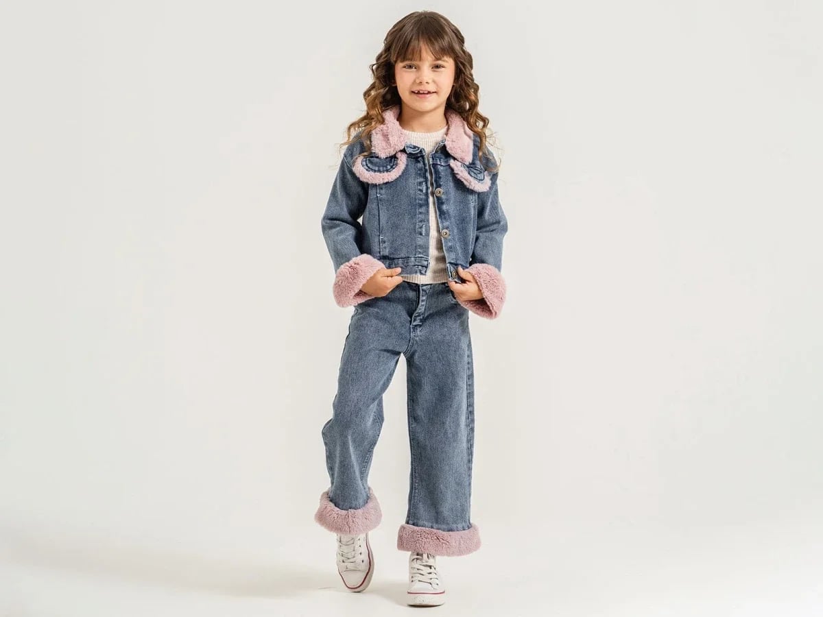Girl's Denim Jacket and Trousers Set with Pink Faux Fur Trim - Pampal Kids - by Peralane