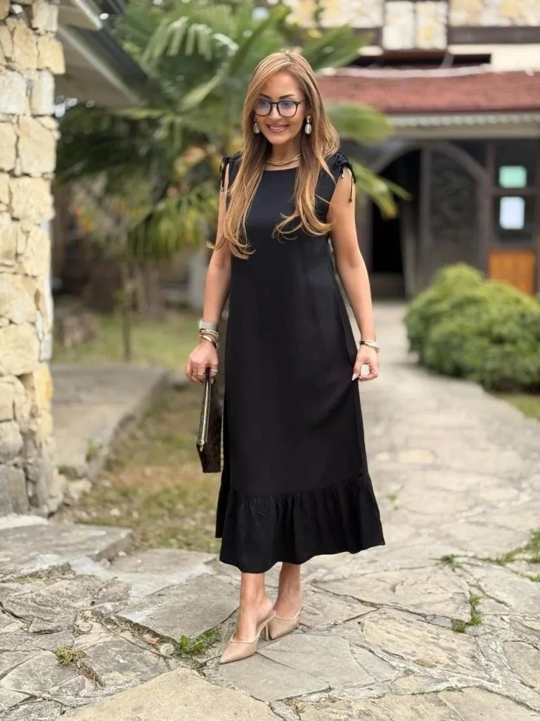 Women's Sleeveless Black Midi Dress with Ruffled Hem - Janes - by Peralane - photo 3