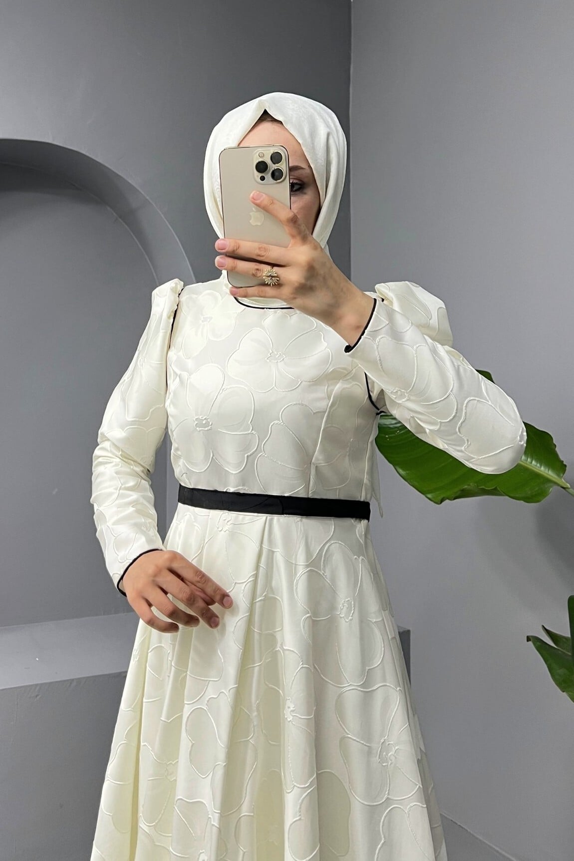White Belted Balloon Skirt Cold Print Kaftan Evening Dress - Podyumplus - by Peralane - photo 5