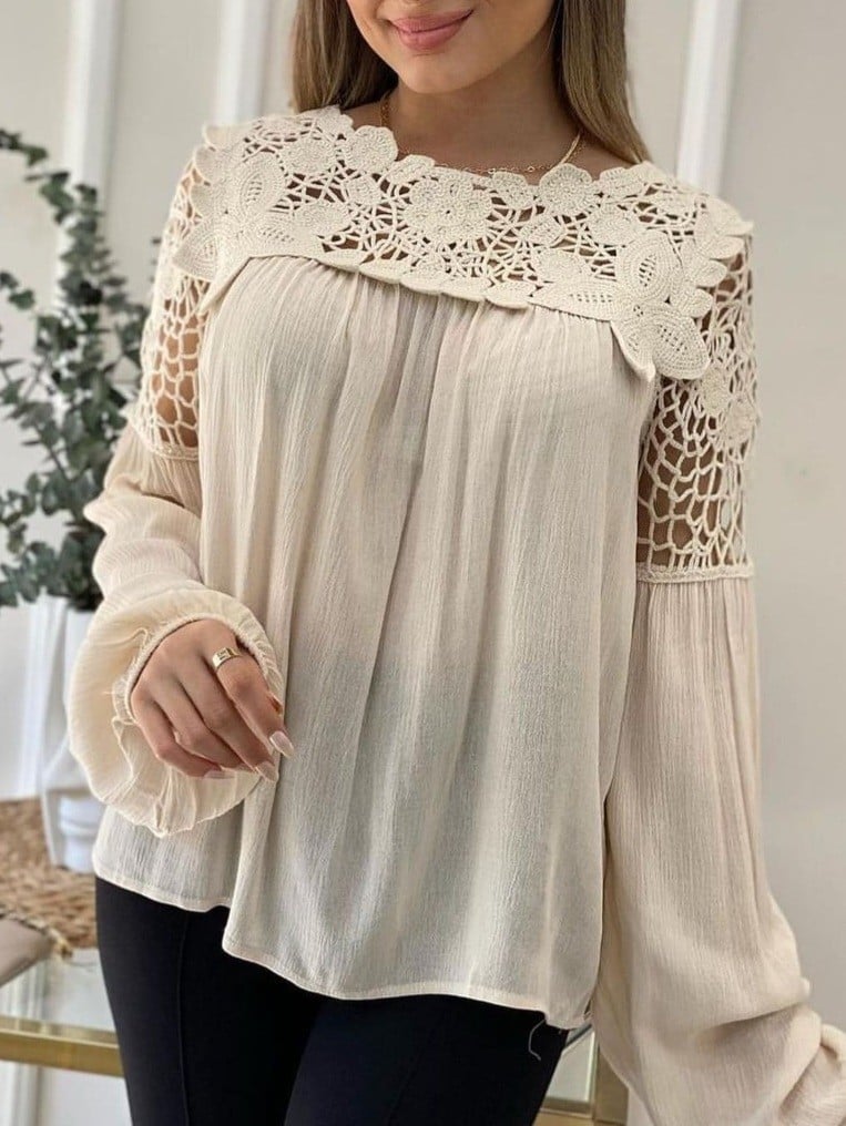 Beige Lace Yoke Blouse with Elasticated Cuffs - Podyumplus - by Peralane