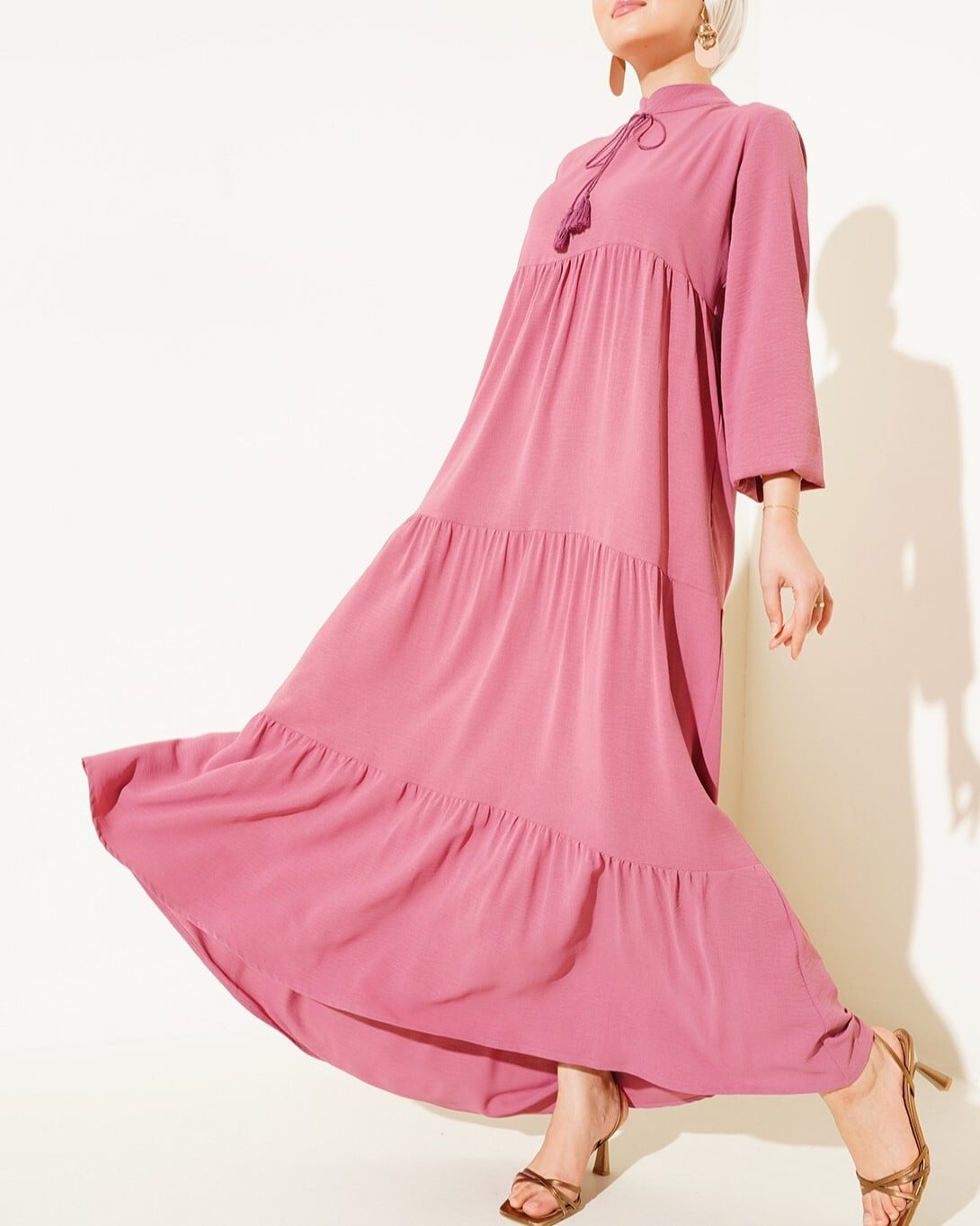 T1627 Tie Neck Long Dress - Dusty Pink - Bigdart - by Peralane - photo 4