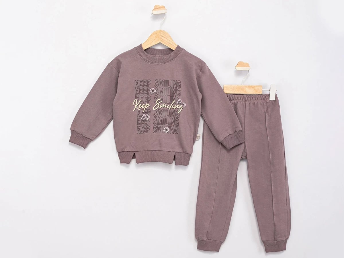 Girls' 2-Piece Sweatshirt and Trousers Set in Mauve with Keep Smiling Print - Feely Kids - by Peralane