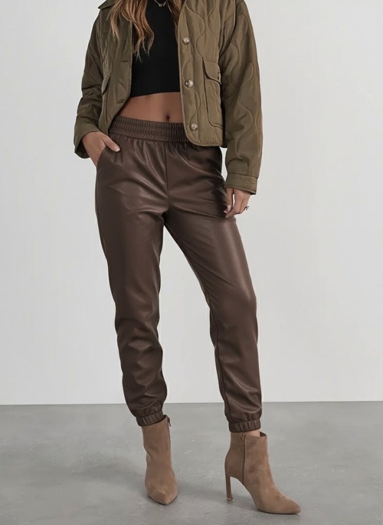Women's High Waist Elasticated Faux Leather Trousers with Front Buttons - Janes - by Peralane