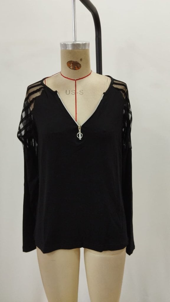 Women's Long-Sleeved V-Neck Blouse with Zipper and Sheer Striped Sleeves - Janes - by Peralane - photo 6