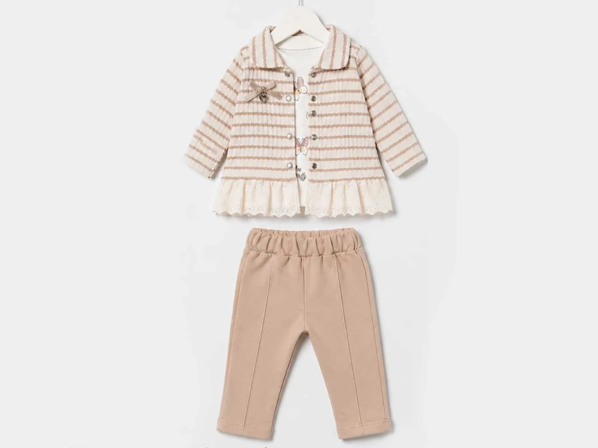 Beige Bow Detail Girls Baby Cardigan and Trousers Set - Elci Baby - by Peralane