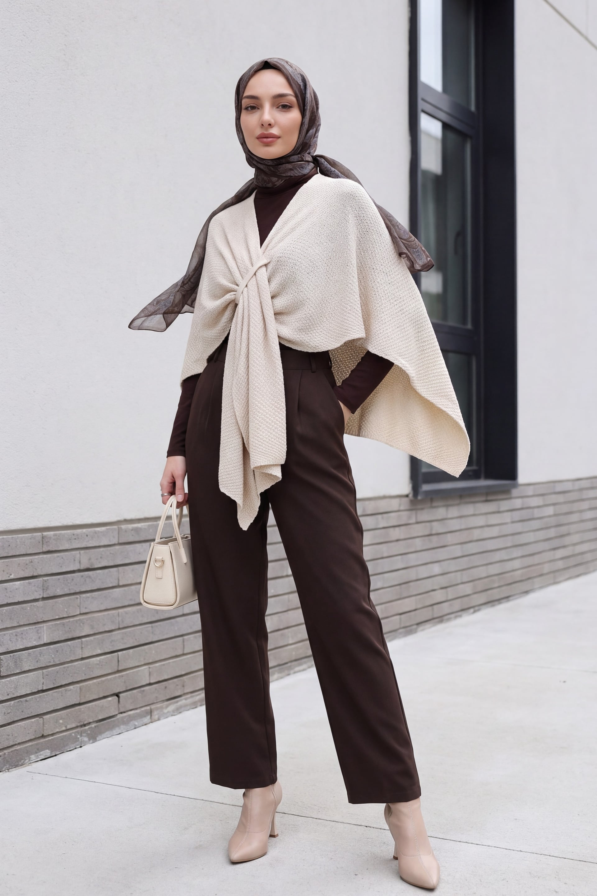 Loose Fit Knit Poncho Cardigan - Stone Colour - Podyumplus - by Peralane - photo 4