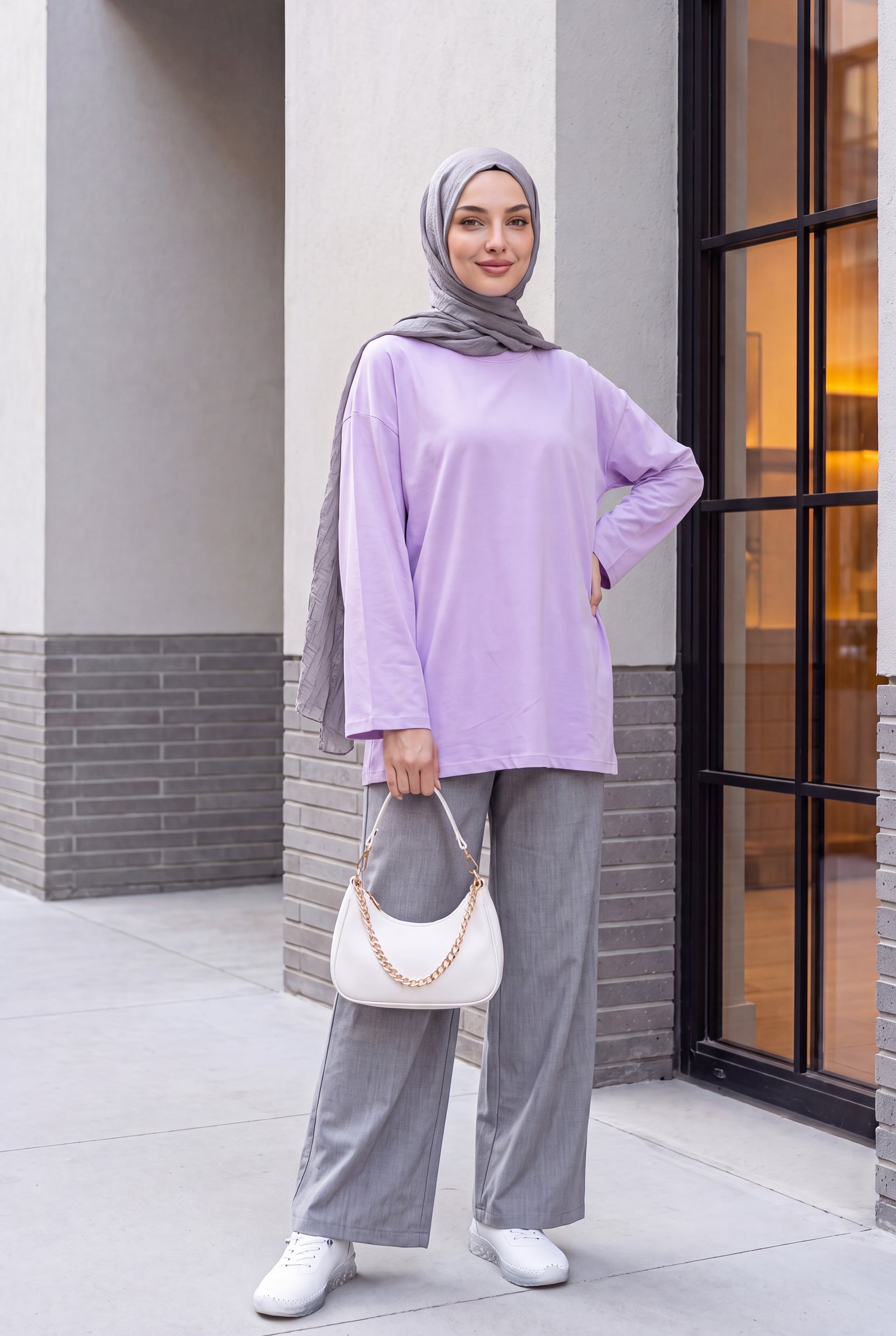 Round Neck Relaxed Jersey Tunic - Light Lilac - Podyumplus - by Peralane - photo 3