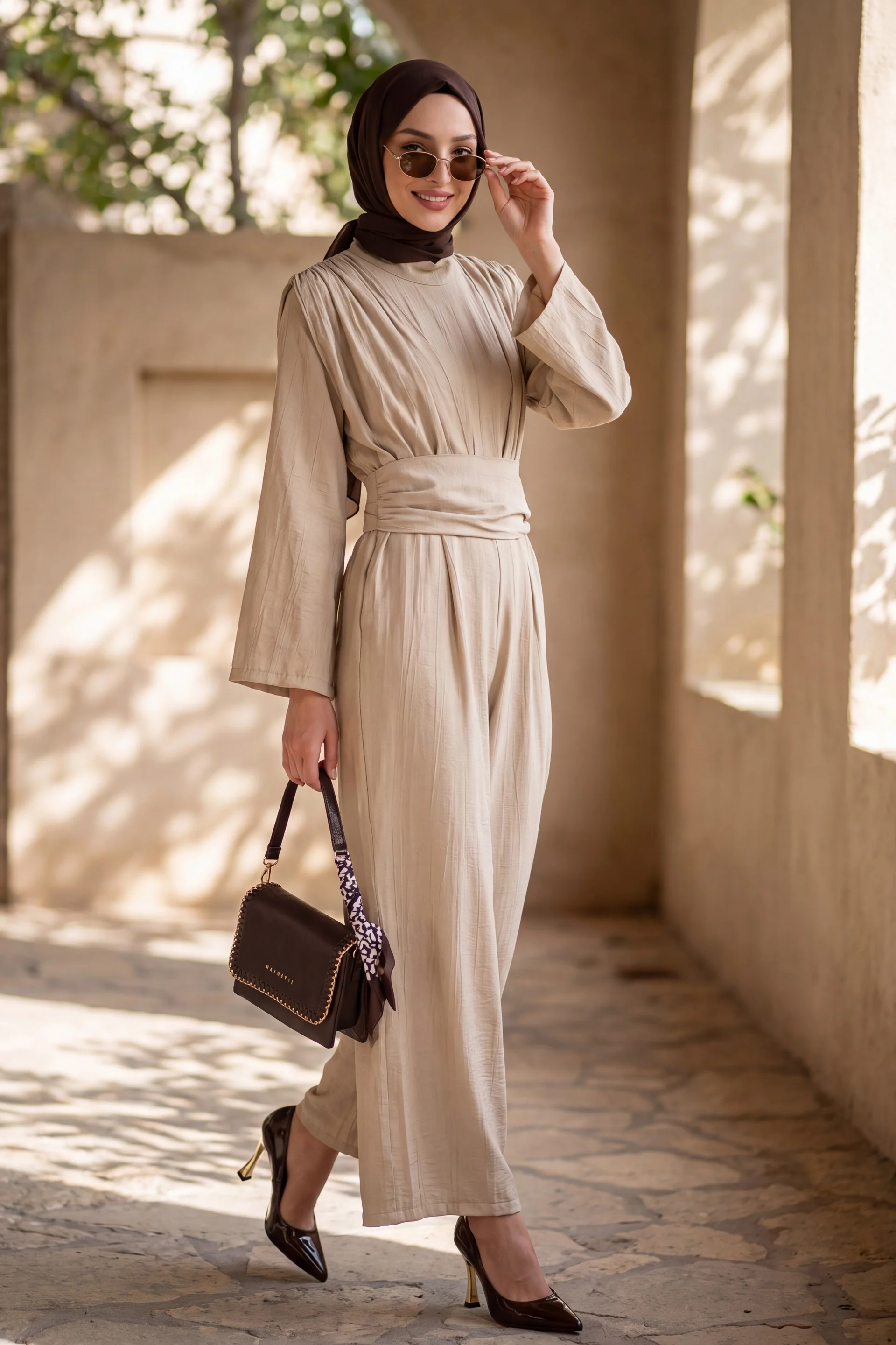 High Neck Pleated Detail Pocketed Belted Jumpsuit - Beige - Podyumplus - by Peralane - photo 2