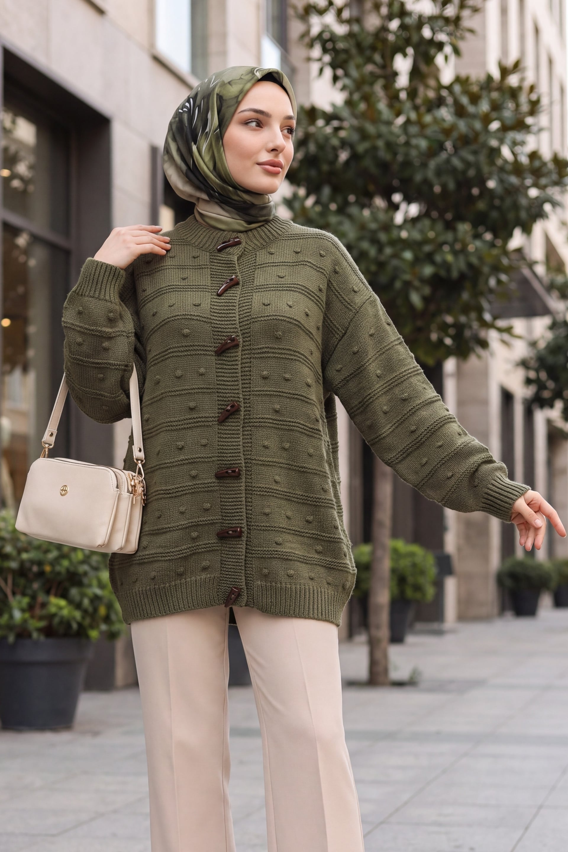 Ivory Button Pom-Pom Detail Slouchy Knit Cardigan - Olive - Podyumplus - by Peralane